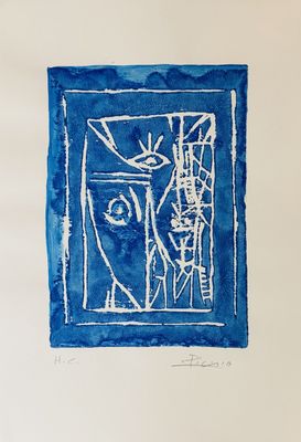 blue and white drawing of a woman ' s face in a window