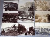 several old black and white photographs of people and horses on a road