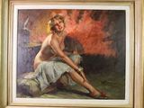 une peinture à l'huile représentant une femme assise sur un rocher, les jambes croisées
