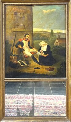 un vieux tableau représentant un homme et une femme assis devant un bâtiment