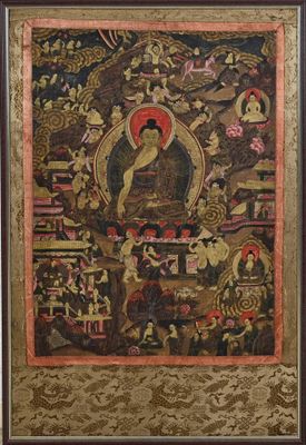 une image représentant un tableau où l'on voit un Bouddha entouré d'autres personnes
