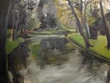 un tableau représentant une rivière qui traverse un parc