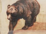 painting of a brown bear walking on the ground in front of a wall