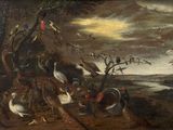 an image of a painting of birds and other animals in a wooded area