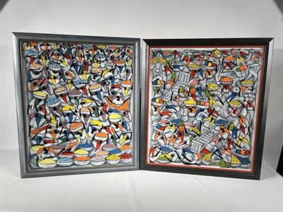 two framed pictures of food and drinks on the table