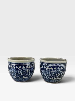 paire de tasses bleues et blanches ornées de motifs floraux