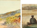 two paintings of a woman and a man sitting on a hill