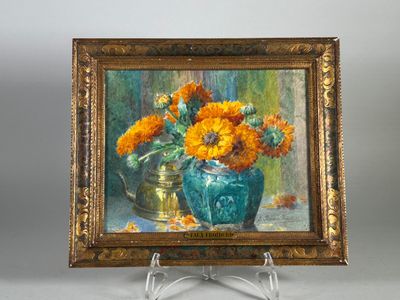 Eugénie FAUX-FROIDURE (1866-1942). Le bouquet de soucis. Aquarelle sig - Photo 1