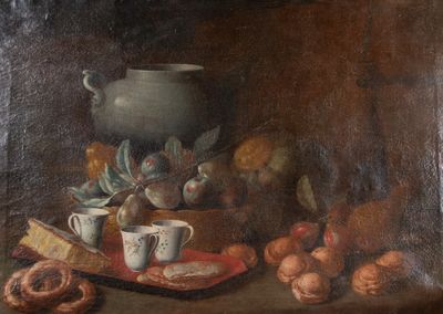 une peinture représentant une nature morte avec du pain, des fruits et une théière