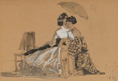 dessin représentant une femme assise sur une chaise, un parapluie à la main