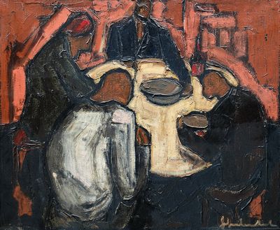 painting of a group of people sitting around a table with plates on it