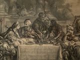 a drawing of a group of people sitting around a table