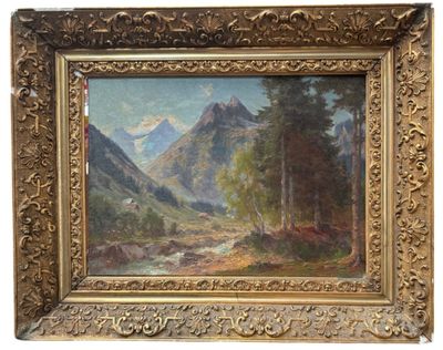 an image of a painting of a mountain scene with a river in the foreground
