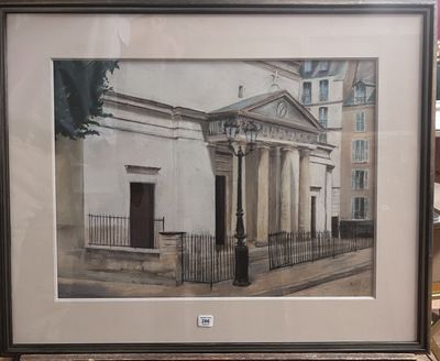 painting of a building with columns and a gate in front of it