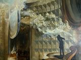 un tableau représentant un homme debout devant une fenêtre d'où s'échappe de la fumée
