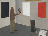 un tableau représentant un homme debout devant un tableau représentant un chien