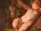 a painting of a baby laying on a branch of a tree