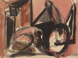 un dessin représentant une bicyclette et une chaise dans une pièce