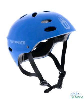 a blue helmet that is on a white background