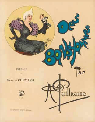 un vieux livre avec l'image d'une femme assise sur une chaise