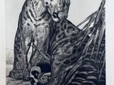 an image of a black and white drawing of a leopard and a cat