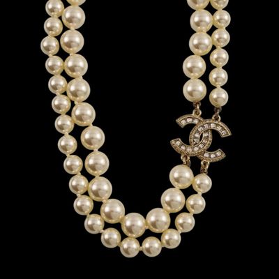 two strand pearl necklace with diamond clasp