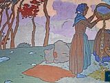 a painting of a woman pouring water on a man ' s head