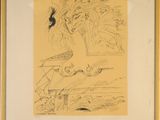 drawing of a woman sitting on a bench with a bird in her hand