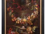 an oil painting of a vase with flowers and fruit on a table