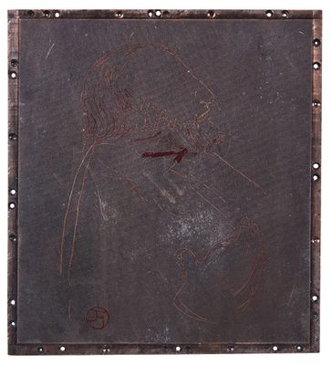 painting of a woman holding a child in her arms on a blackboard