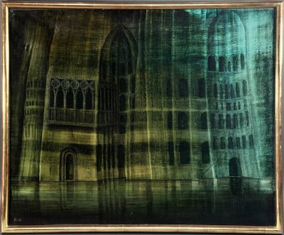 une peinture à l'huile représentant un bâtiment avec une horloge au centre
