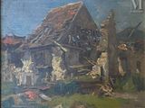 tableau représentant une vieille maison avec beaucoup de débris par terre