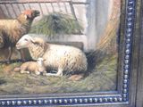 a painting of a sheep and a lamb in a barn