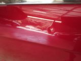 a cat that is sitting on the side of a red car