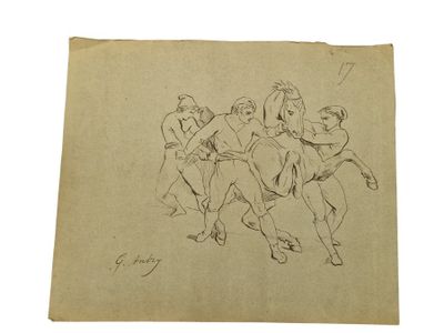 a drawing of a group of people dancing in a line