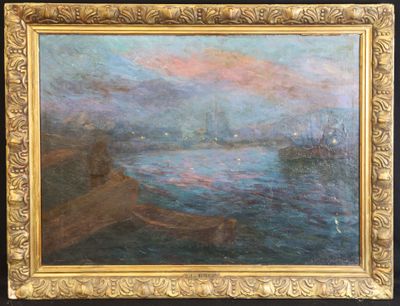 une peinture à l'huile représentant un bateau dans un plan d'eau