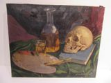 a painting of a skull and a bottle of alcohol on a table