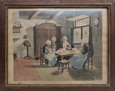 a painting of a family playing a game of domino