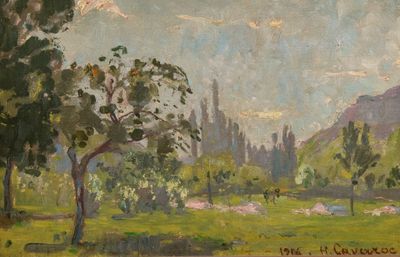 painting of a landscape with trees and a river in the foreground and a mountain in the background