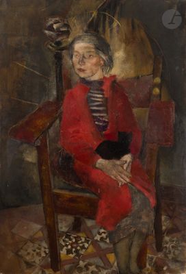 tableau représentant une femme vêtue d'un manteau rouge, assise sur une chaise à côté d'un cheval