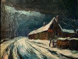 tableau représentant une maison sous la neige, avec un ciel sombre en arrière-plan