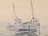 a painting of two boats floating in the water