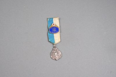 un gros plan d'une médaille entourée d'un ruban bleu