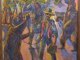 painting of a man walking with a bear in front of a group of people