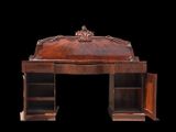 an antique desk with a wooden top and open doors