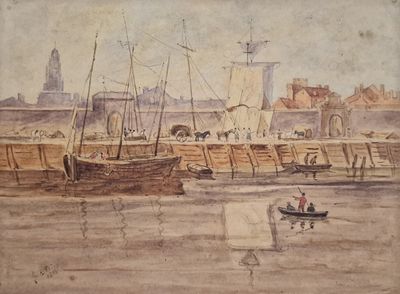 une peinture représentant un bateau dans l'eau avec des personnes à bord