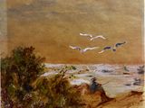 un tableau représentant un homme en train de pêcher sur la plage, avec des mouettes en arrière-plan