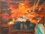 un tableau représentant une femme debout devant un vase de fleurs