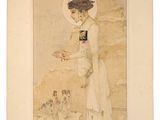an image of a painting of a woman in a white dress and hat