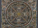 a painting of a circular medallion with birds and flowers on it